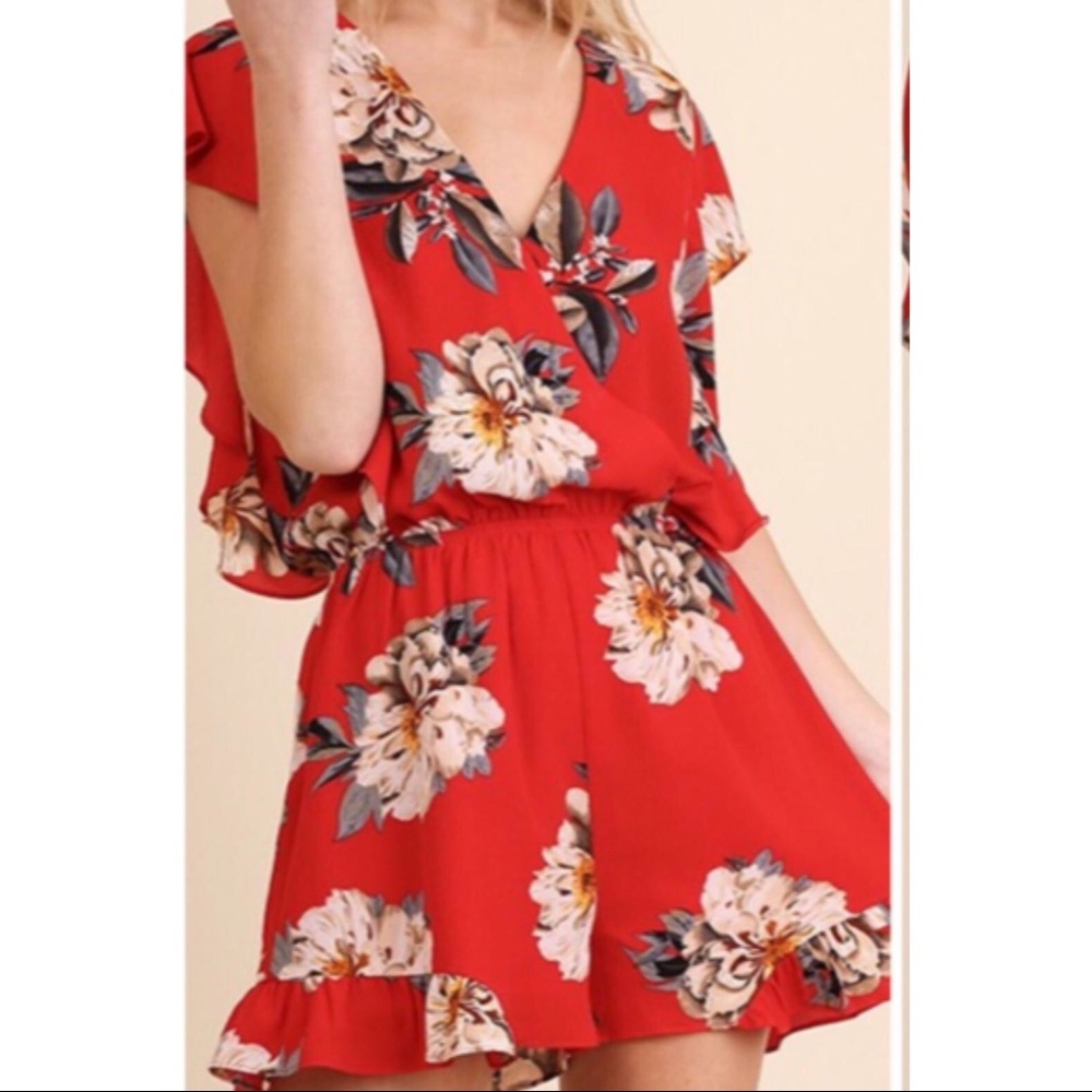 Entro red floral wrap flutter sleeve romper